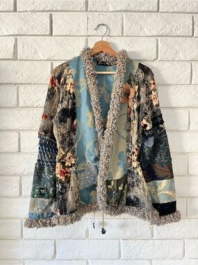 Lee Andersen Blue Patchwork Open Front Cardigan Tunic Floral Sz XL Art to Wear
